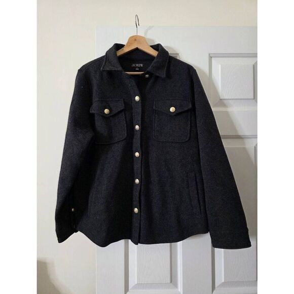 J. Crew Wool Blend Shirt Jacket Womens Large Charcoal Grey Gray Gold Buttons L - Picture 2 of 10
